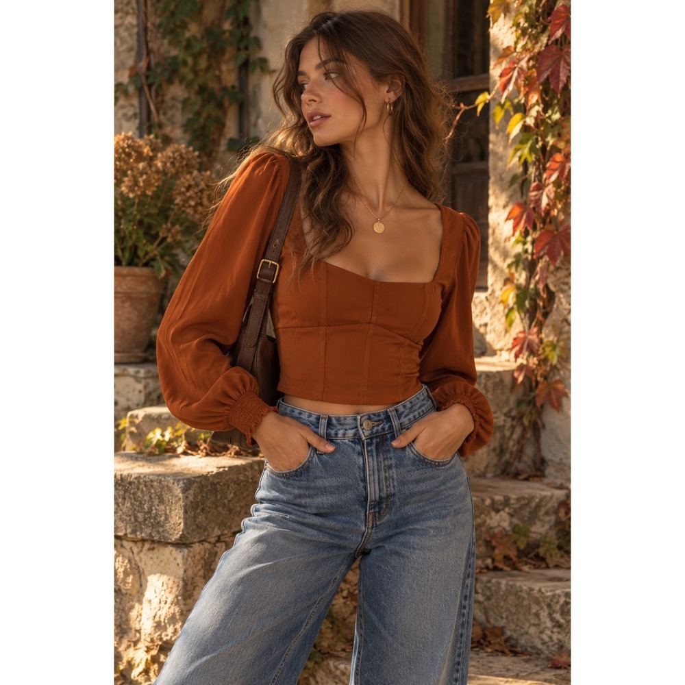 Abercrombie & Fitch Corset Top Rust Orange Puff Sleeve Cottagecore Boho M